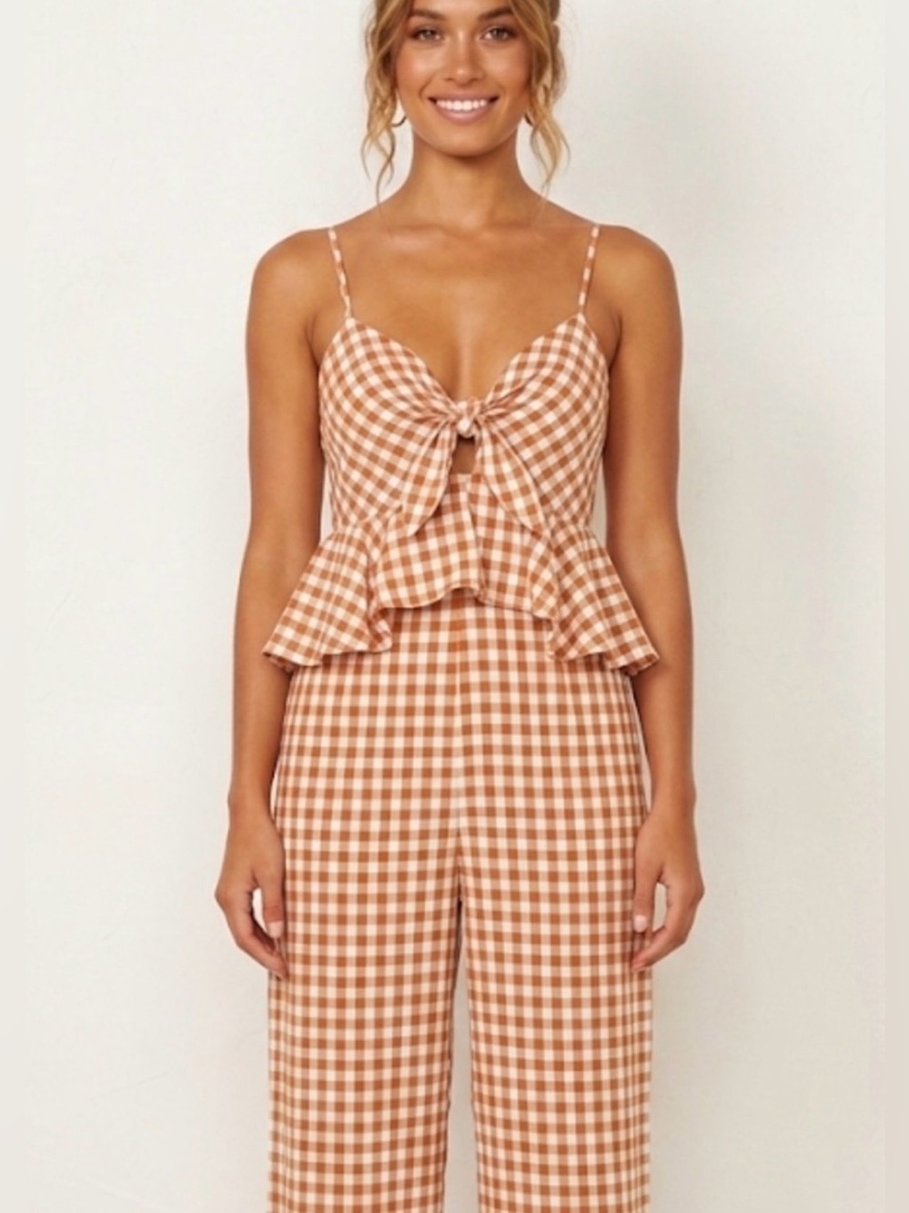 Saylor x Anthropologie Laken Gingham Ruffle Jumpsuit Apricot White Small - Picture 12 of 13
